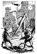 Lizard men assaulting Vymorna with siege engines.