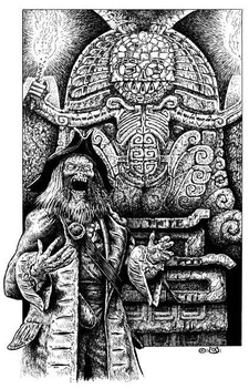 An altar to Quezkari, attended by an undead .