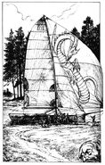 A draconic creature decorating the sail of a boat.