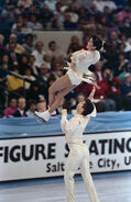 Kristi Yamaguchi tossed into the air by Rudy Galindo in a gold medal winning performance at the 1990 US Figure Skating Championships in Salt Lake City