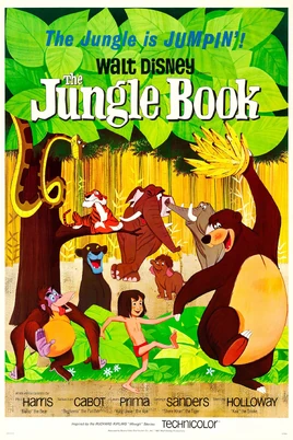 Drawing of a jungle. A boy wearing red laincloth walks holding hands with a bear which holds a bunch of bananas above his head, while an orangutan follows them and a black panther watches them from behind a bush. A tiger lies on the branch of a tree while snake comes from the leaves above. In the background, three elephants. At the top of the image, the tagline "The Jungle is Jumpin'!" and the title "Walt Disney The Jungle Book". At the bottom, the names of the main voice actors and the characters they play.