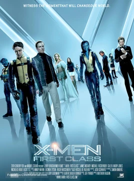 The X-Men and the Hellfire Club walk towards the viewer. From left to right, they are Beast, Professor X, Magneto, Emma Frost, Moira McTaggert, Havok, Mystique, Azazel Salvadore, Angel and Sebastian Shaw. The background and its reflection on the floor form an "X".