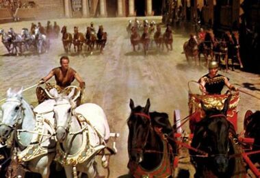 The chariot race scene, illustrating the extremely wide aspect ratio used (2.76:1).
