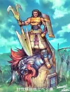 Artwork of the Lord Mi'ihen statue from Final Fantasy X, featuring Lord Mi'ihen standing over a slain Behemoth.