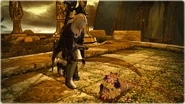 Estinien laying azure flowers in Tales From the Storm: From Azure Ashes.[5]