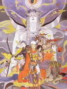 Artwork by Yoshitaka Amano of Firion's party and the Emperor.