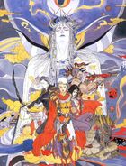 Arte por Yoshitaka Amano da equipe de Firion e o Imperador.