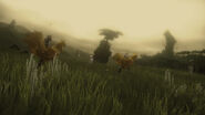 Noel and Serah riding chocobos in cloudy weather.