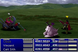 Cait Sith using an item on an enemy.
