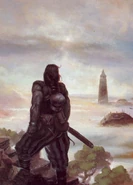 Artwork of Benjamin gazing at the Focus Tower.