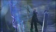 Cloud finishes Omnislash Version 5 in Final Fantasy VII: Advent Children Complete.