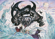 Artwork of Rain, Lasswell and Fina facing a monster by Yoshitaka Amano.