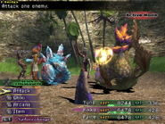 Paine as a Trainer attacking in Final Fantasy X-2.