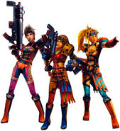 Rikku, Paine, and Yuna from Final Fantasy X-2 wearing the Alchemist dressphere.