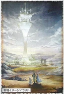 Artwork with the Warrior of Light, Firion, and Onion Knight standing before Order's Sanctuary.