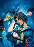 Promotional artwork by Tetsuya Nomura of Yuna and Tidus.