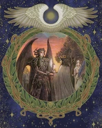 Cosmogony illustration of the first king of Lucis being tasked by the gods to protect the Crystal.