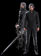 A full-body, CG render of Regis and an older Noctis.