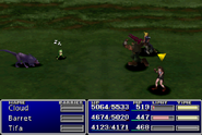 Barret using an item on an enemy in Final Fantasy VII.