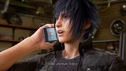 Noctis speaking on his smartphone in Tekken 7.