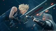 Cloud clashes swords with Sephiroth from FFVII Remake