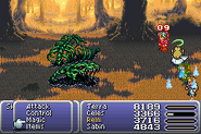 The party under various statuses in Final Fantasy VI, including Doom, Confuse, Haste, and Shell.