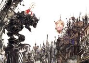 Yoshitaka Amano artwork of Terra looking out over a magitek cityscape.