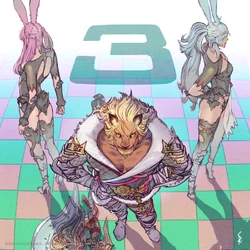 A Hrothgar warrior and Vieras, by Rokuma Saito.