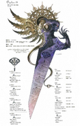 Orphan's full form with the lyrics of the song "Ragnarok" inscribed in the blade.