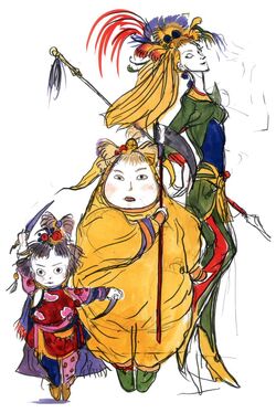 Mindy, Cindy, and Sandy, from left to right, by Yoshitaka Amano.