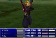Cloud using an item on an ally in Final Fantasy VII.