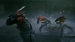Fighting Barret in the sewers.