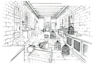 Concept art of a room with bird cages.