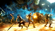 Promotional artwork of Noctis and his friends battling Niflheim troops at the Disc of Cauthess.