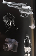 Artwork of Prompto and accessories associated with him.