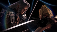 Promotional art of Sephiroth and Cloud (arcade).