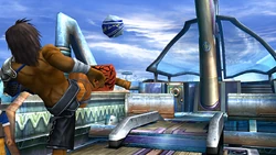 Jecht showing off his blitzball skill to Tidus.