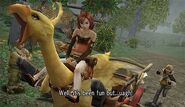 Bella riding a chocobo.