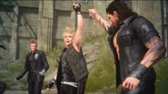 Prompto, Ignis and Gladiolus after they defeat the behemoth