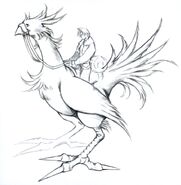 Concept art of Squall riding a chocobo.