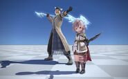 Snow costume with Lightning costume in Final Fantasy XIV.