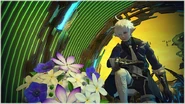 Alphinaud kneeling before a memorial bouquet in Azys Lla, from Tales from the Dragonsong War - Words, Deeds, Beliefs.