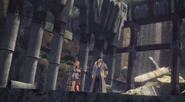 Sazh, Lightning, and Snow in the ruins of Paddra.