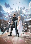 Noctis con Lunafreya ante la infatería magitek en Altissia.