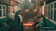 Cloud in the train in Midgar in FFVII Remake