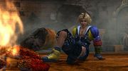 Tidus camping out in the abandoned temple.