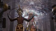 Vanille stands beside the high priestess as she preaches the Soulsong.