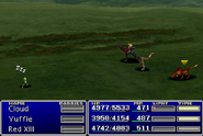 Yuffie using an item on an enemy in Final Fantasy VII.