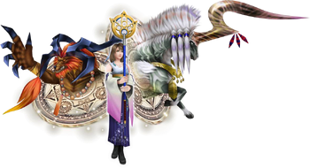 Yuna in EX Mode with her aeons in Dissidia 012 Final Fantasy.