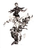 Promotional artwork for Vaan, Ashe, Balthier, and Fran by Yoshitaka Amano.